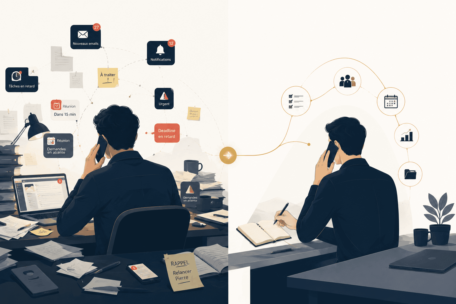 Avant : un dirigeant submergé de notifications et de tâches en retard. Après : un quotidien calme et organisé grâce à son bras droit.